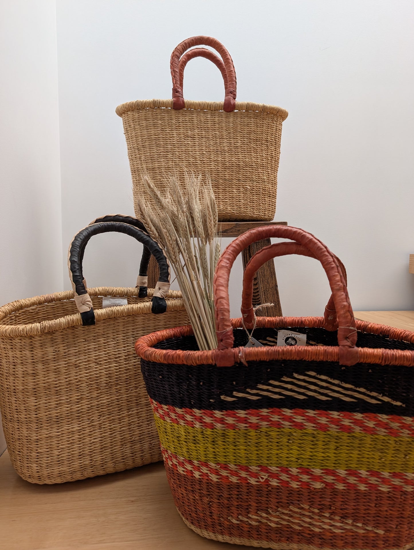 Handmade Large Bolgar Basket - Coloured with tan handle