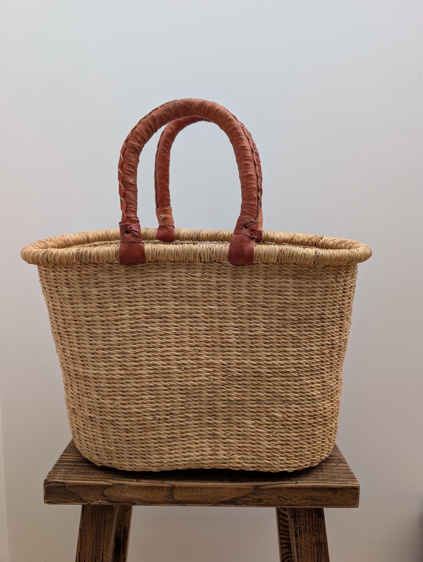 Handmade Large Bolgar Basket - Natural with tan handle