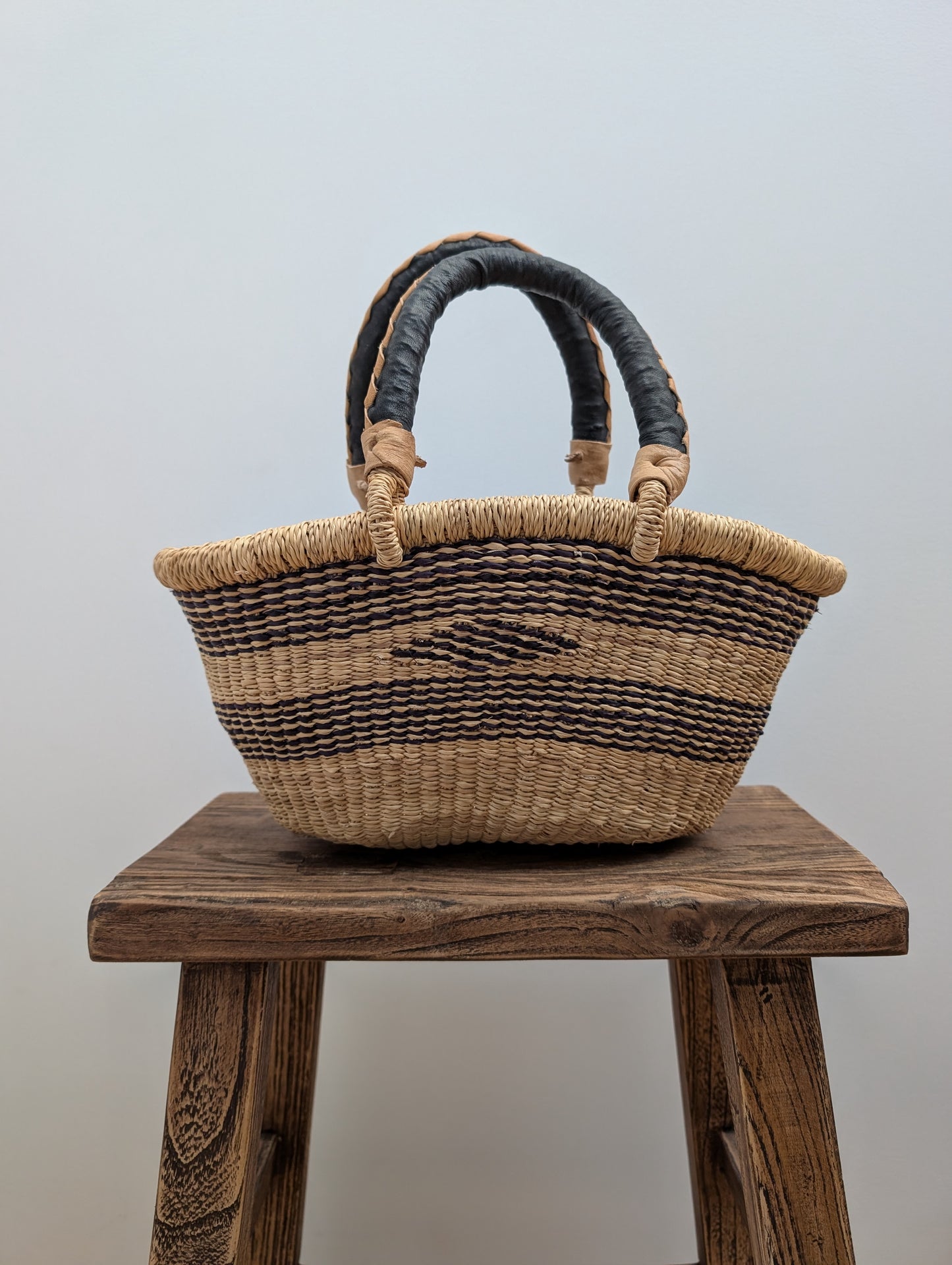 Handmade Mini Tuareg Basket - Natural & Blue with black handle