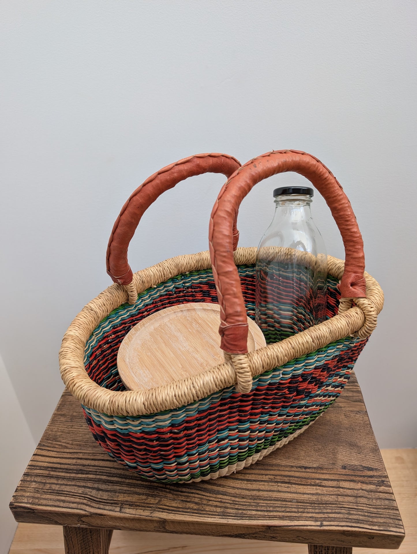 Handmade Mini Tuareg Basket - Coloured with tan handle