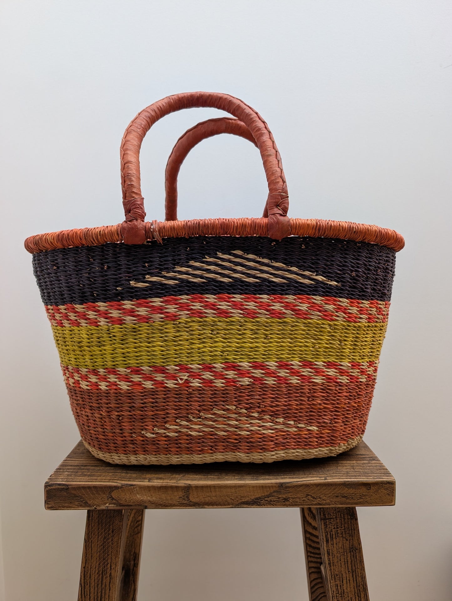 Handmade Large Bolgar Basket - Coloured with tan handle