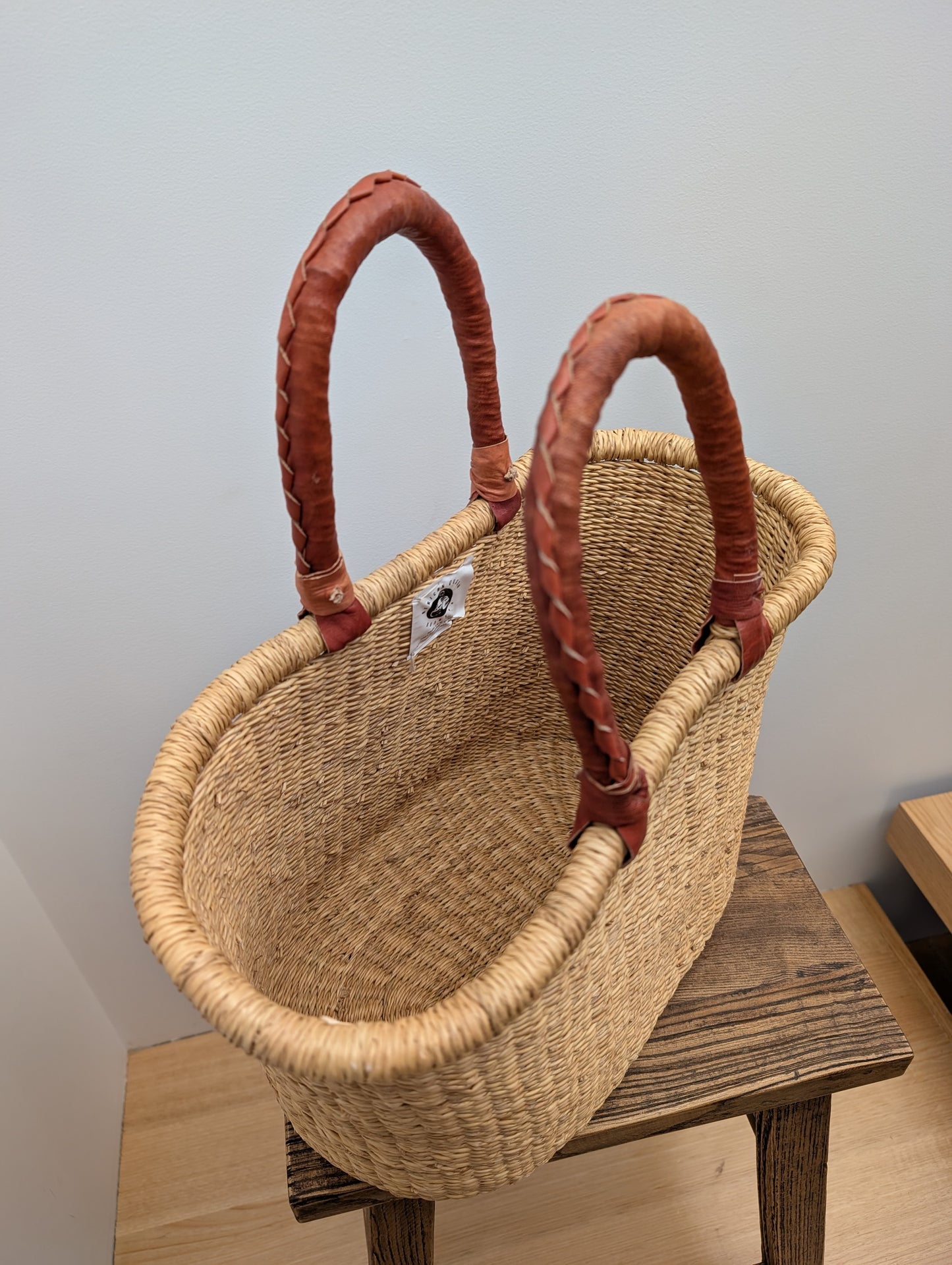 Handmade Large Bolgar Basket - Natural with tan handle