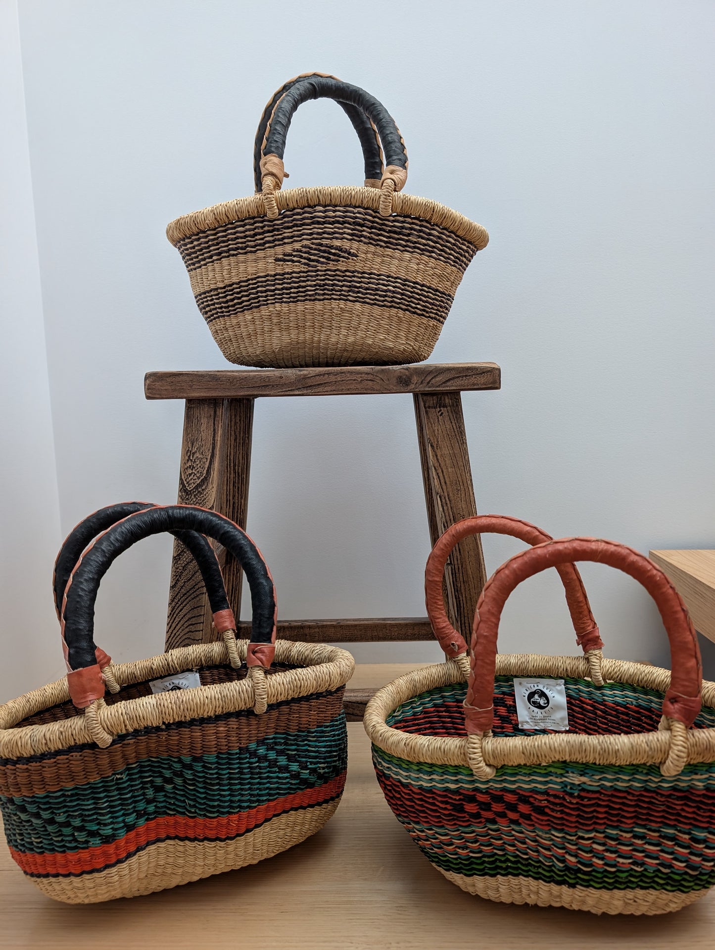 Handmade Mini Tuareg Basket - Natural & Blue with black handle
