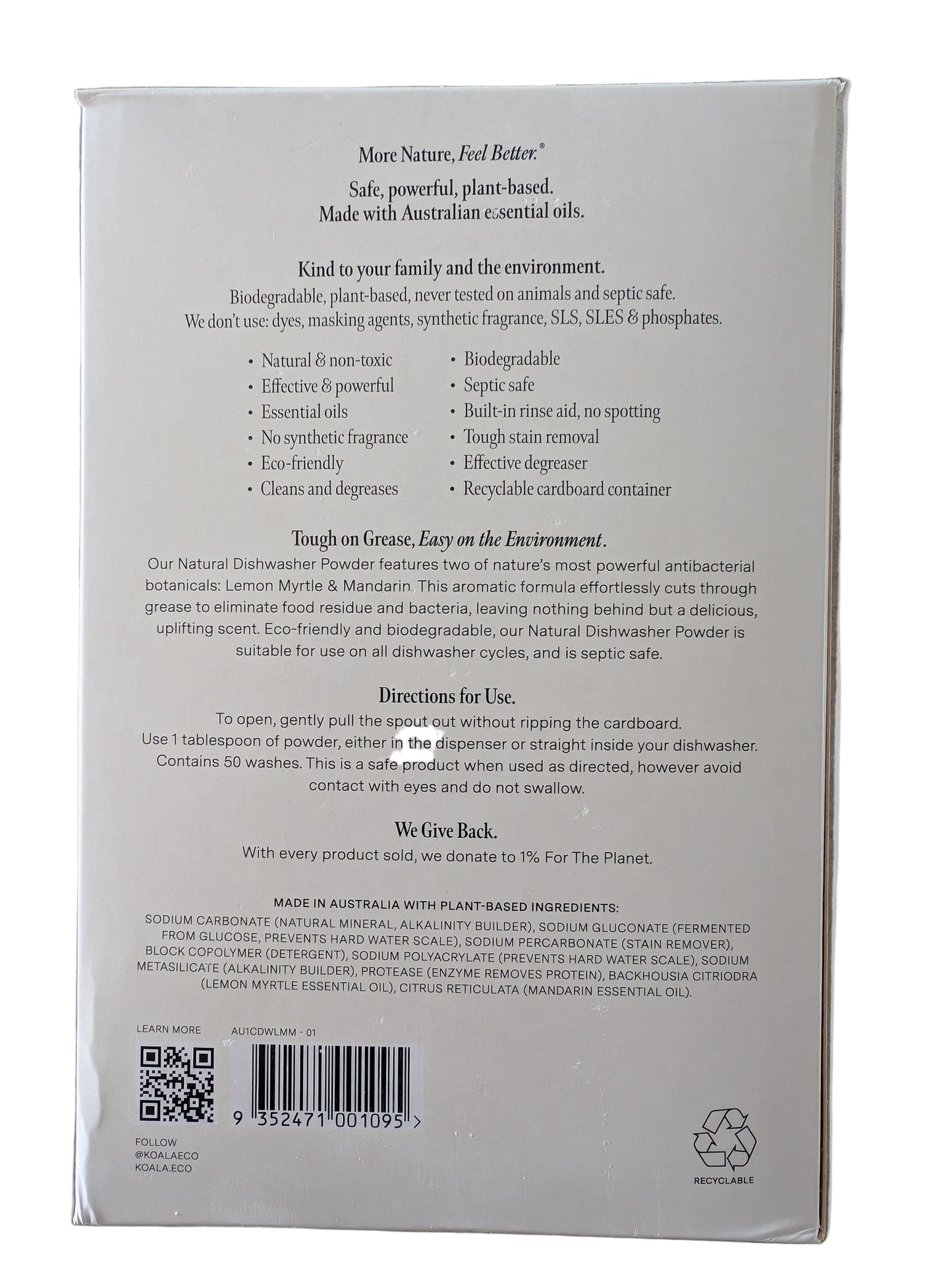 Koala Eco Natural Dishwasher Powder - Australian Lemon Myrtle & Mandarin 1Kg