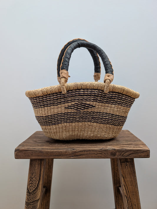 Handmade Mini Tuareg Basket - Natural & Blue with black handle