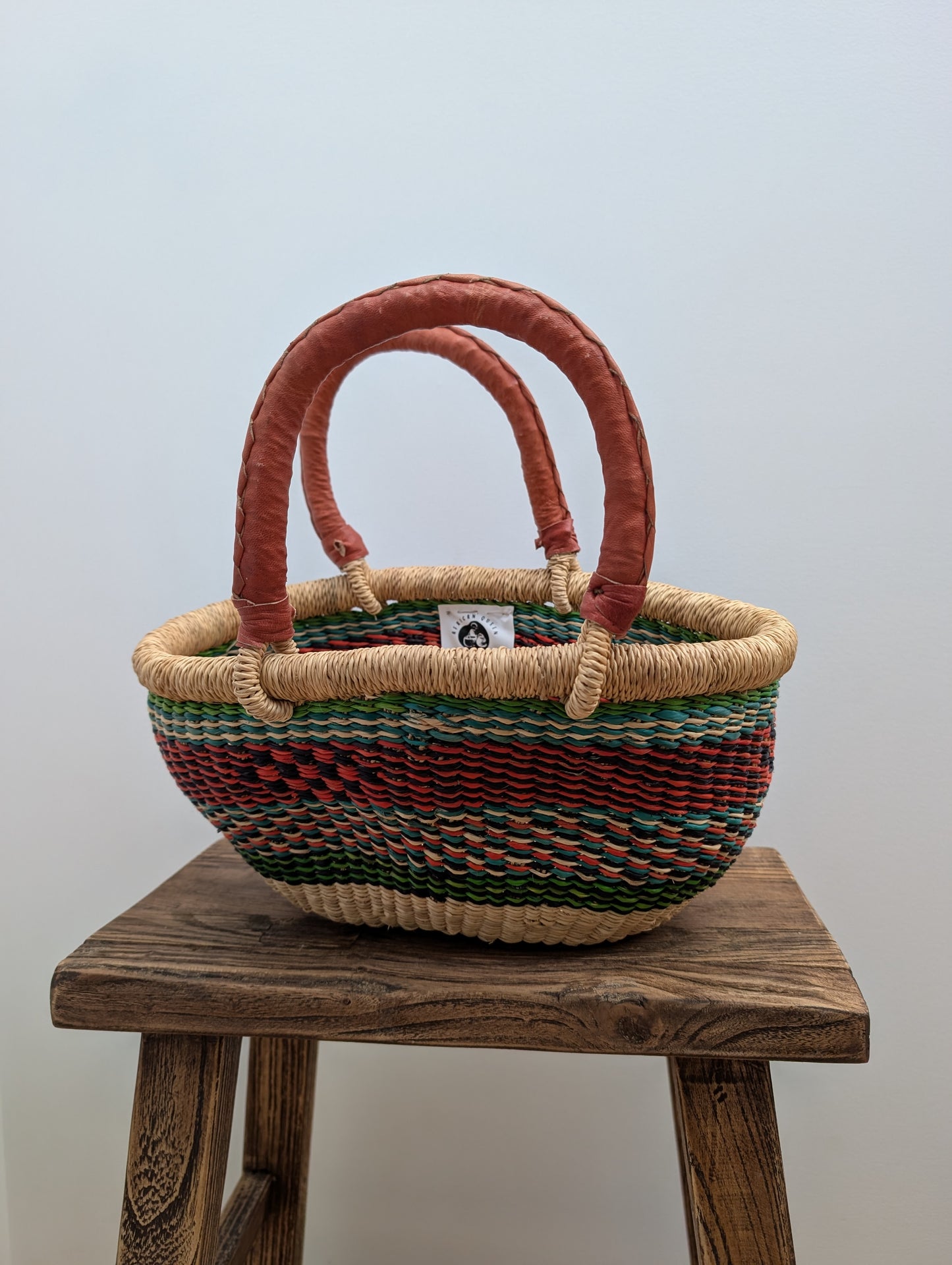 Handmade Mini Tuareg Basket - Coloured with tan handle