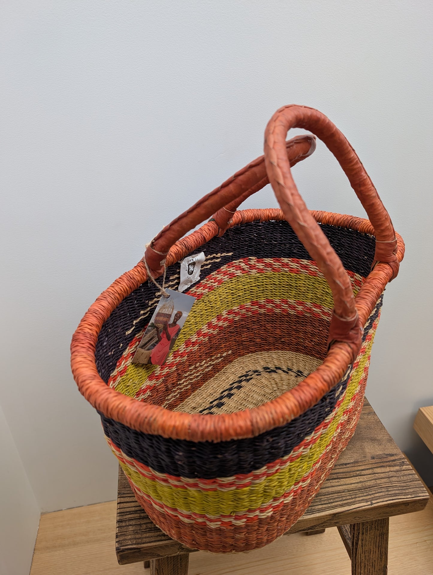 Handmade Large Bolgar Basket - Coloured with tan handle